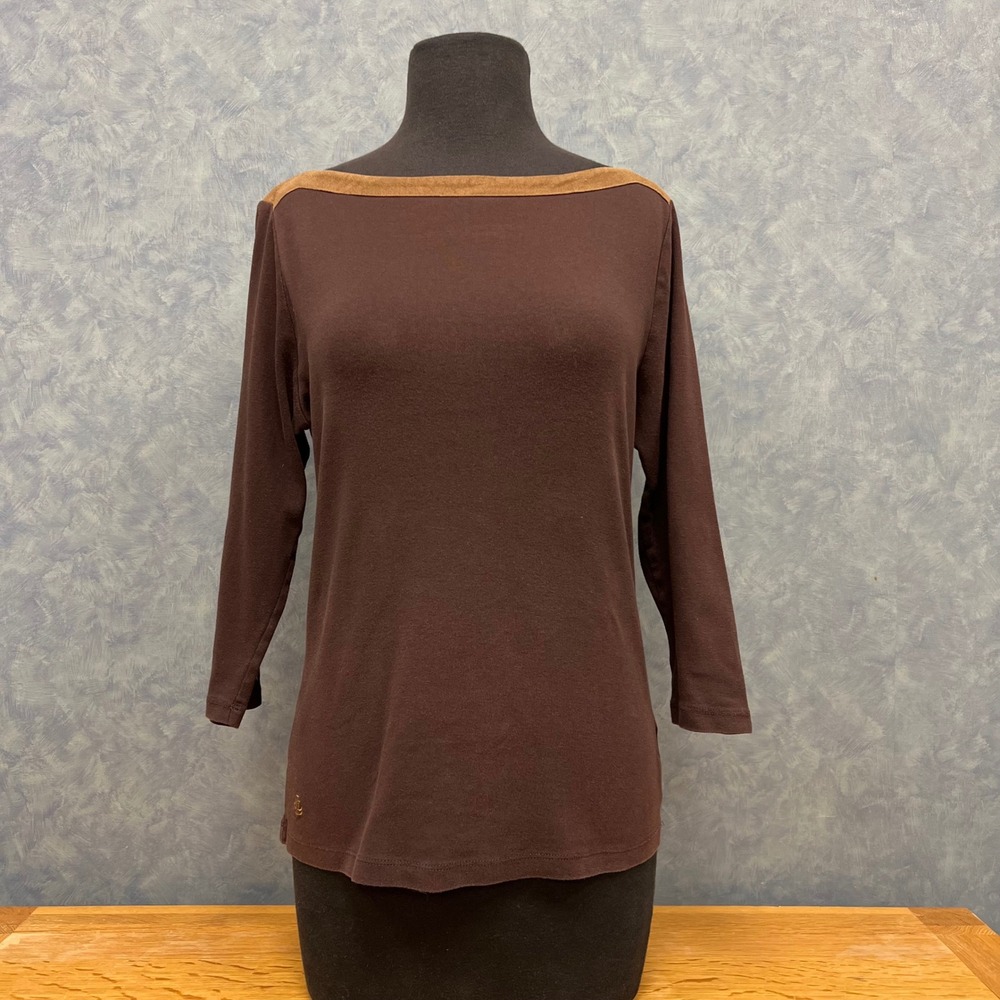 Lauren Ralph Lauren Brown‎ Top Faux Suede Trim Boat Neck 3/4 Sleeve Size M